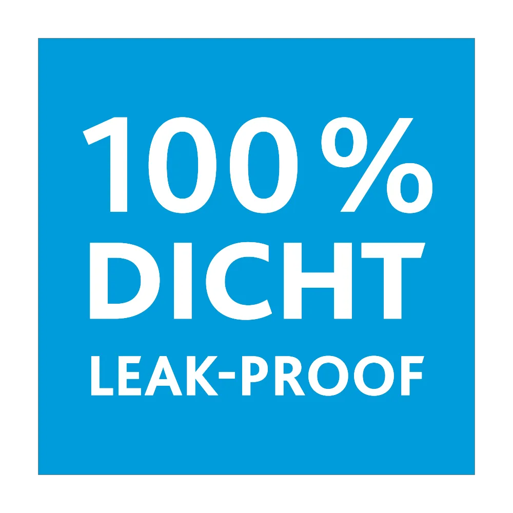 Oznaka s tekstom „100% DICHT LEAK-PROOF“.