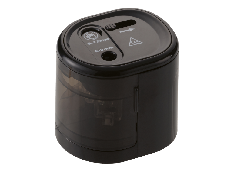 Crno električno šiljilo za olovke s dva otvora za olovke 6-8mm i 9-12mm.