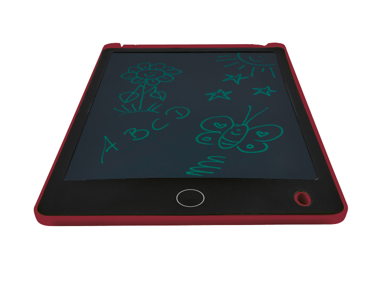 Crveni dječji tablet za crtanje s crtežom cvijeta, sunca, leptira i slova.