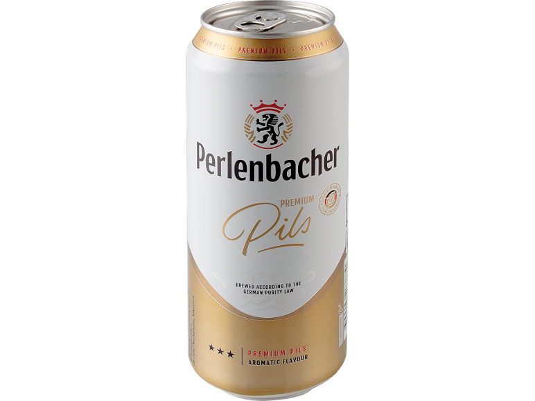Bijela i zlatna limenka premium pils piva, naglašava njemačku čistoću.