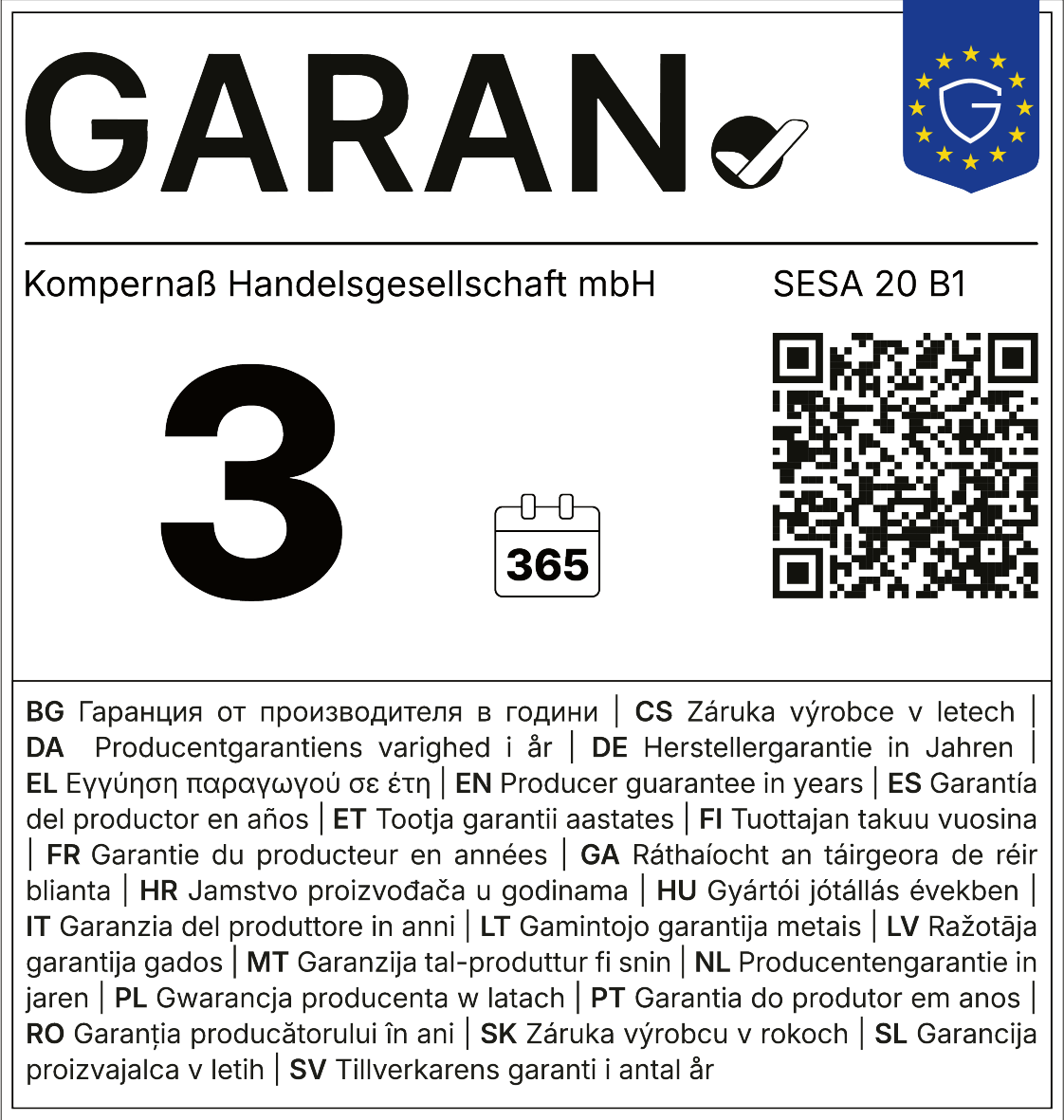 Jamstvo 3 godine, 365 dana. Jamstvo proizvođača u godinama.