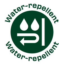Zeleni pečat „water-repellent“ s kapljicama vode i strelicom za povratak.