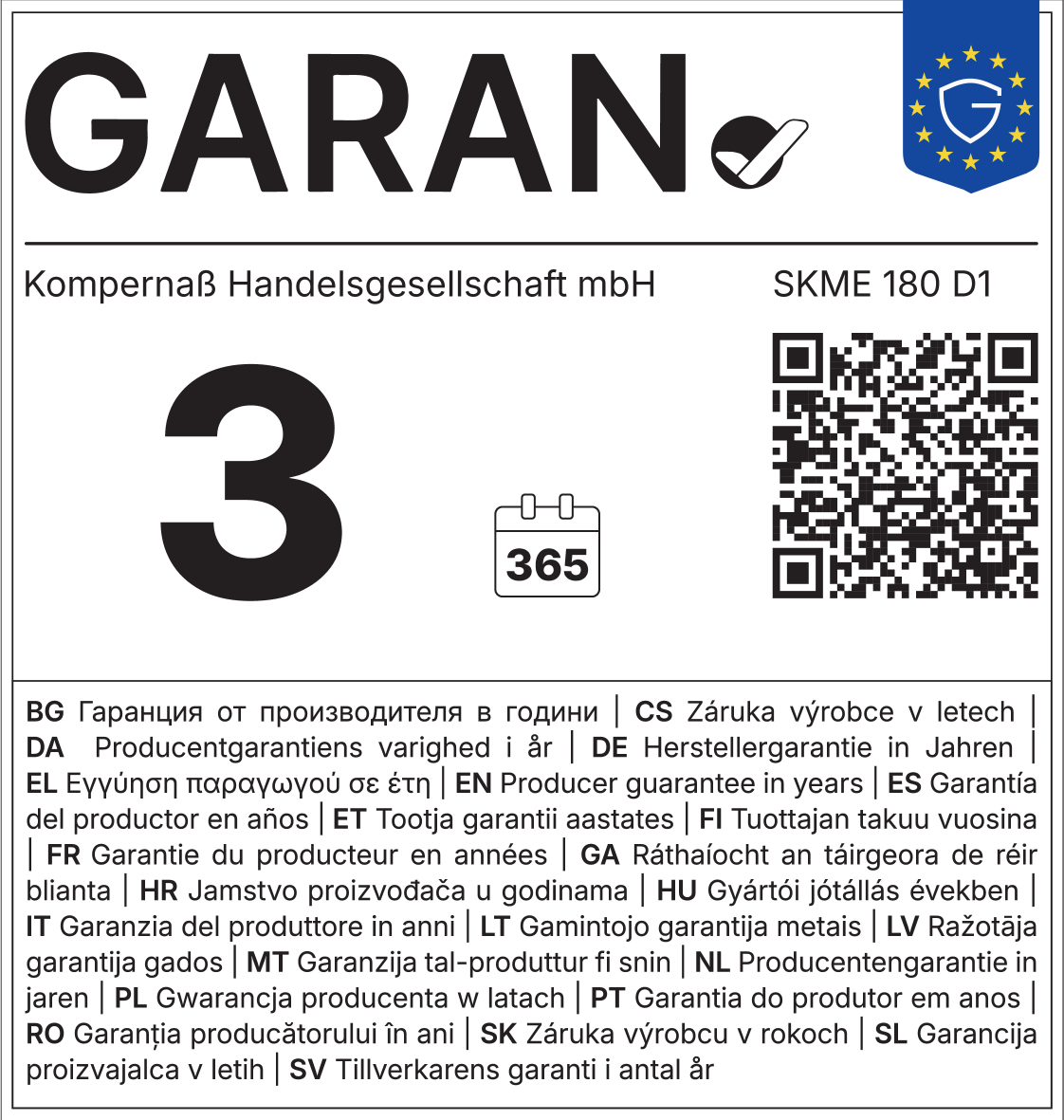 Pečat 3-godišnjeg jamstva proizvođača, s 365 dana i QR kodom.