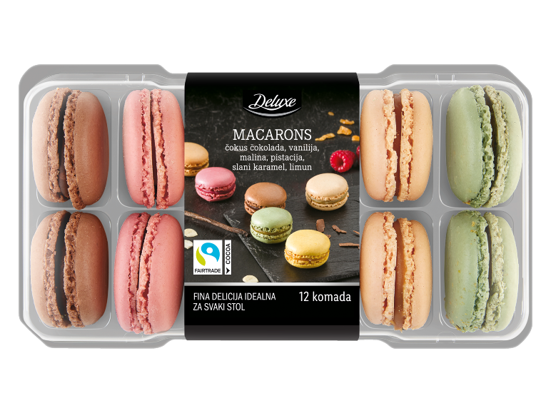 Kutija s 12 makarona s okusima čokolade, vanilije, maline, pistacije, slane karamele i limuna.