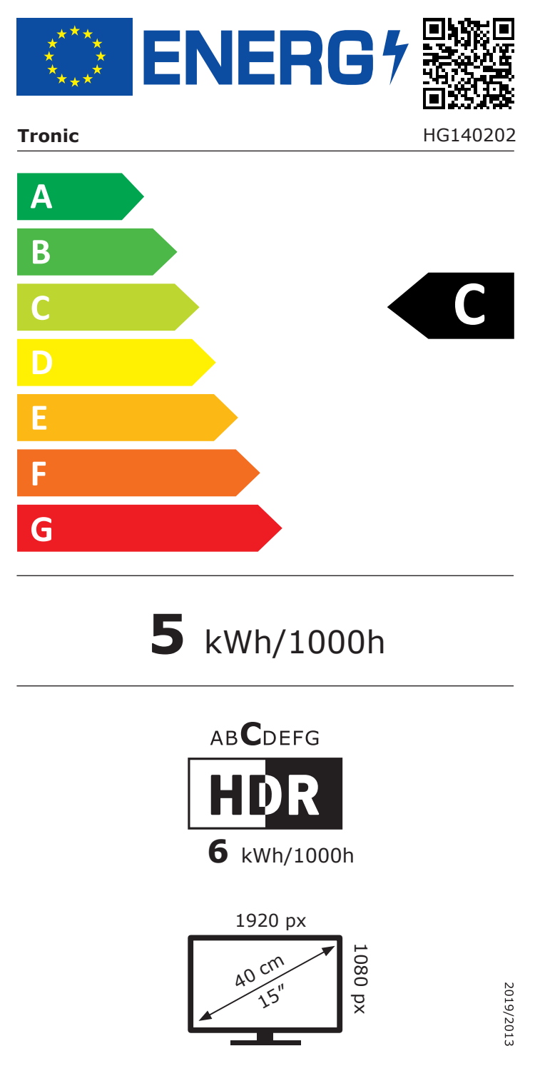 Energetska oznaka: C, 5 kWh/1000h, HDR C, 6 kWh/1000h, 1920x1080 px, 40 cm/15'