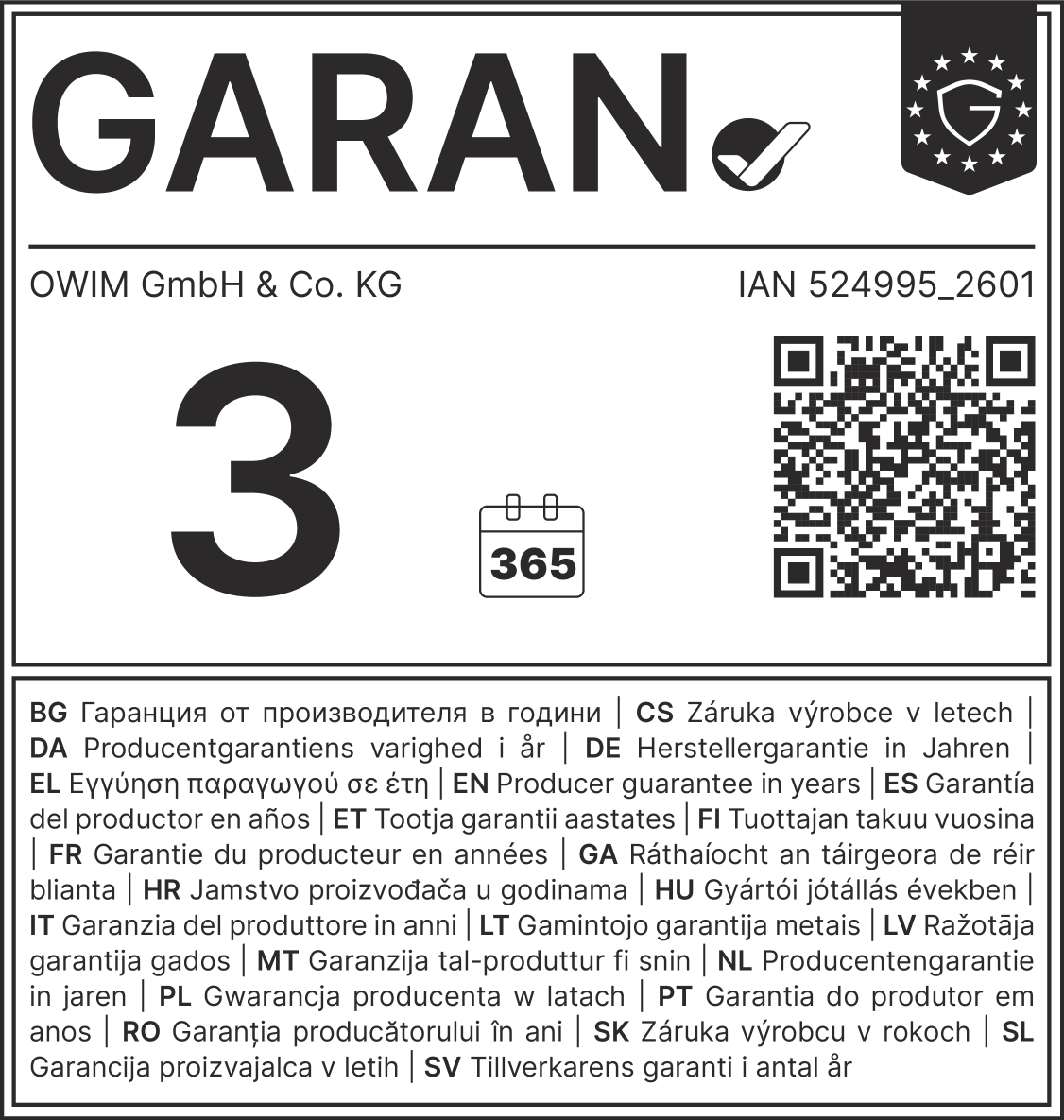 Jamstvo 3 godine, 365 dana. IAN 524995_2601.