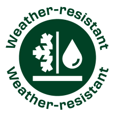 Zeleni pečat „Weather-resistant“ s ikonama pahuljice i kapljice vode.