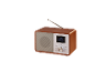 Drveni digitalni radio s zaslonom i antenom, prikazuje vrijeme i ime izvođača.