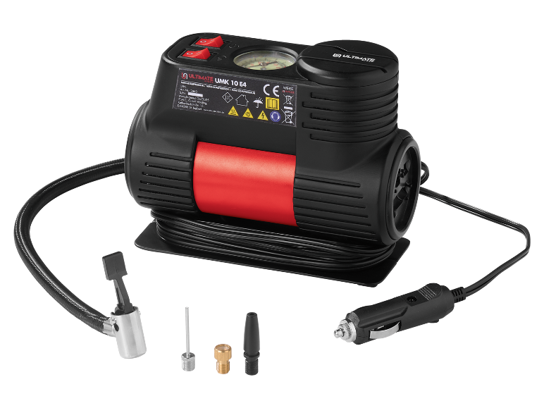 Prijenosni kompresor zraka s dodacima, uključujući 12V adapter za automobil.
