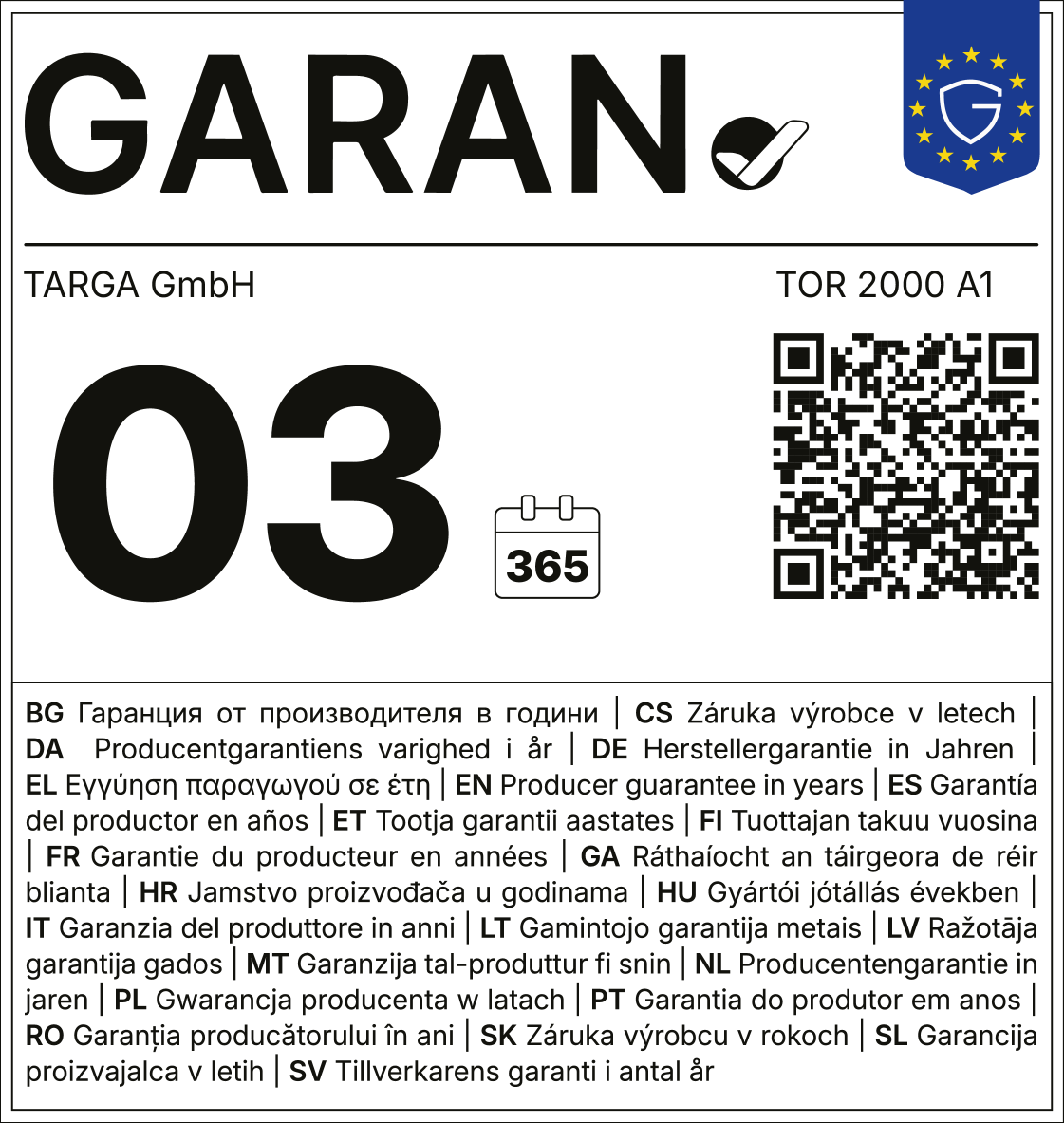 Jamstvo 03 godine, 365 dana. QR kod.