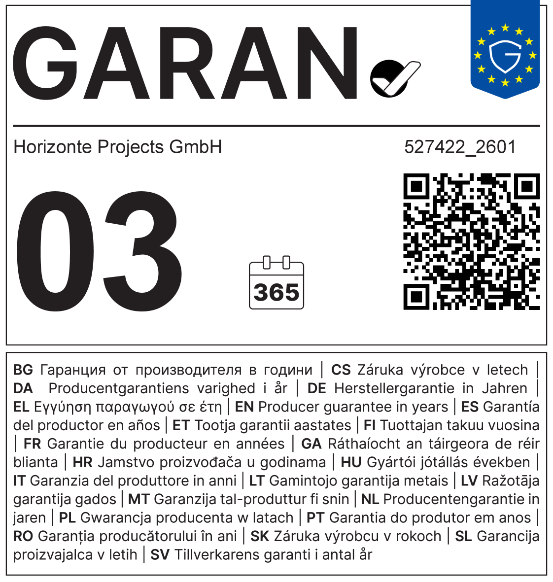 Jamstvo 03 godine, 365 dana. Jamstvo proizvođača u godinama.