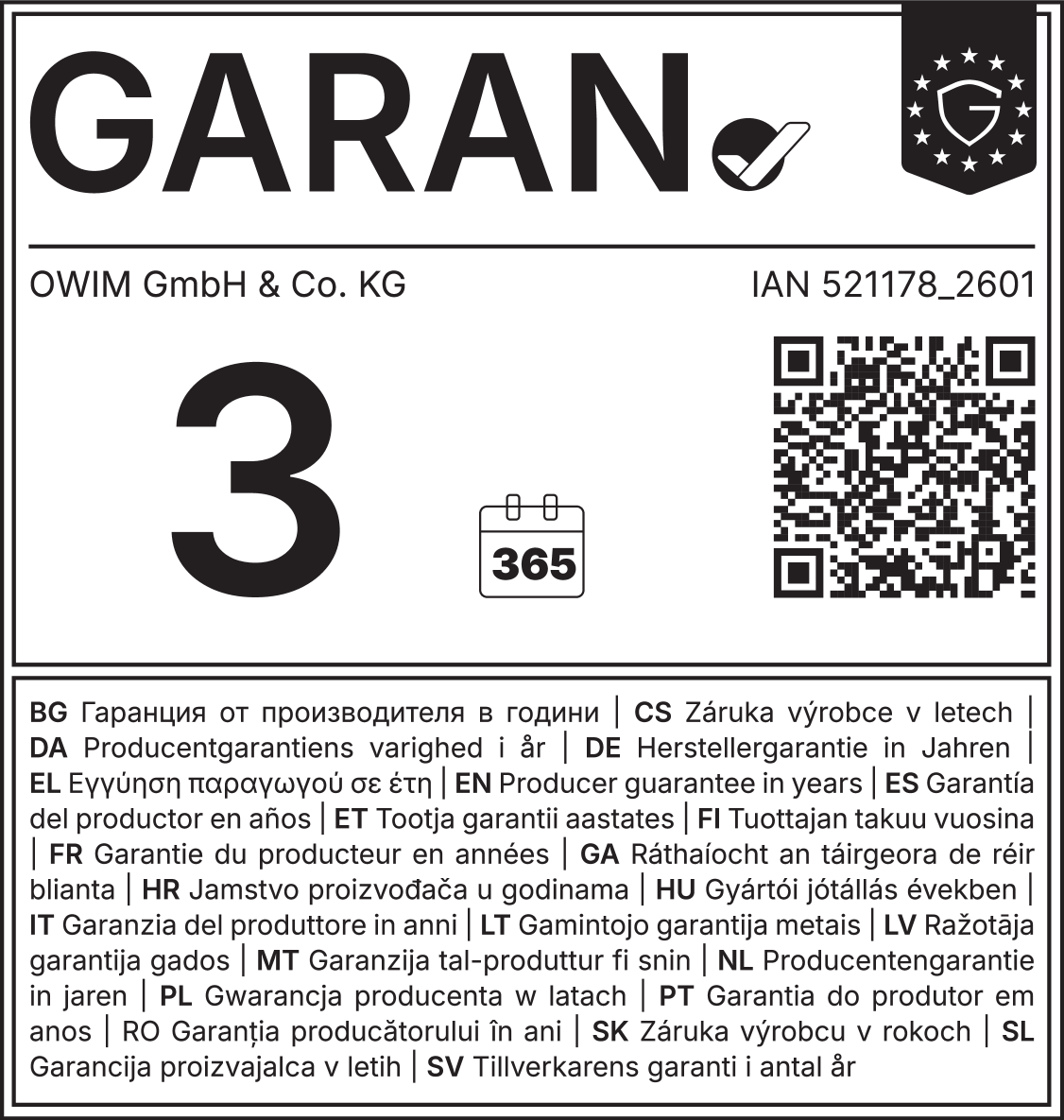 Jamstveni pečat: 3 godine jamstva proizvođača, 365 dana, IAN 521178_2601, OWIM GmbH & Co. KG