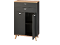 Siva komoda s dvije ladice i dvoja vrata, sa svijetlim drvenim vrhom i nogama.