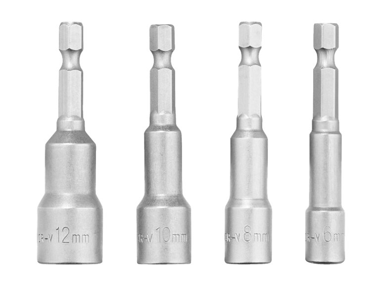 Četiri srebrna šesterokutna nastavka za matice, veličine 12mm, 10mm, 8mm i 6mm, označena CR-V.