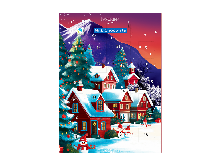 Adventski kalendar s mliječnom čokoladom, snježnim selom i jelkama.