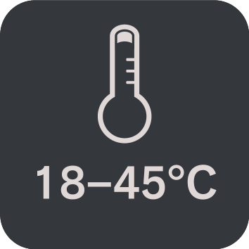 Raspon temperature 18–45°C, s ikonom termometra.