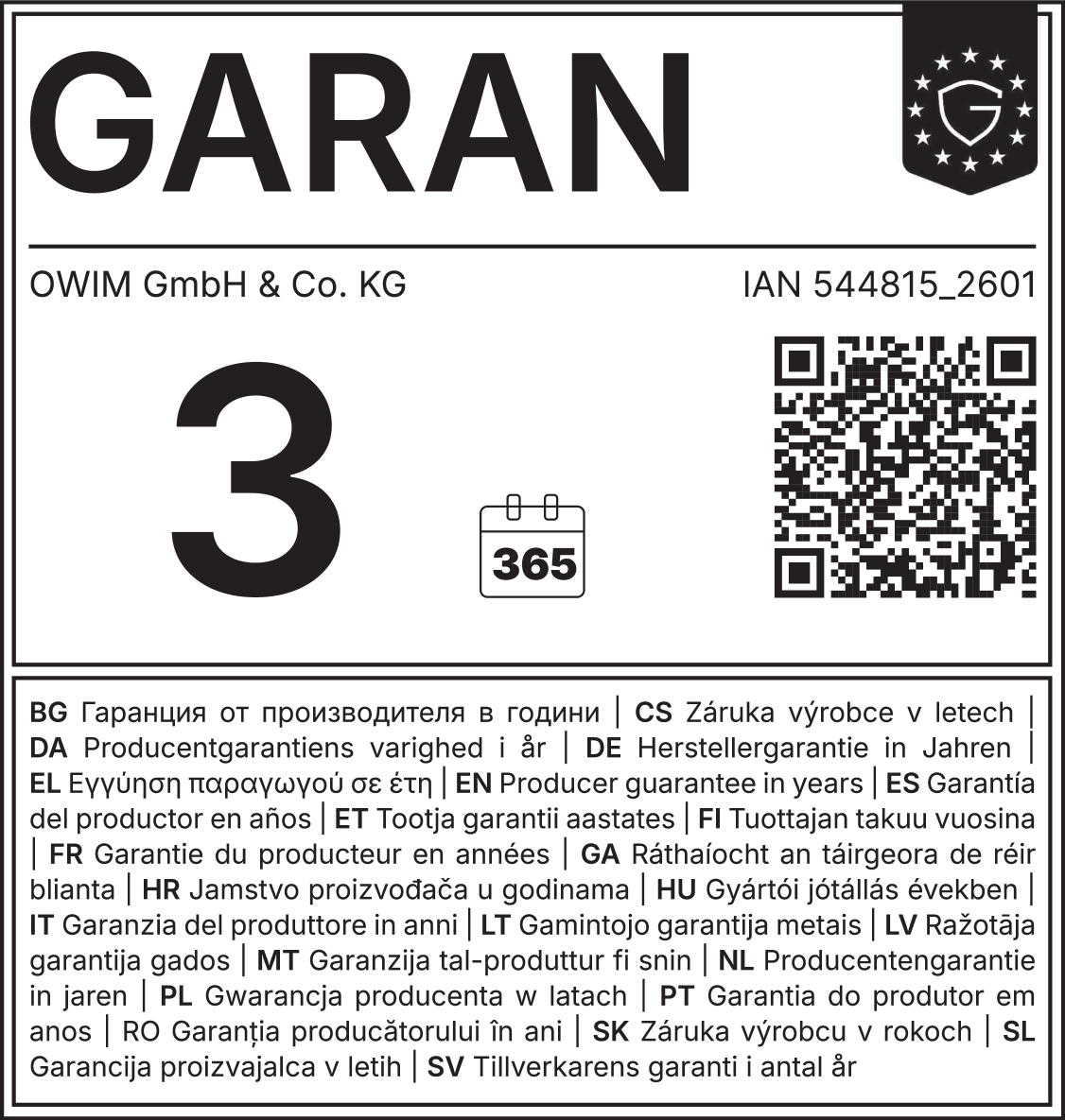 Jamstvena oznaka: 3 godine, 365 dana, IAN 544815_2601, OWIM GmbH & Co. KG.