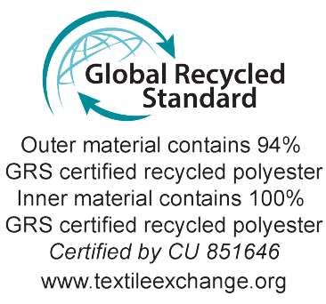 Certifikat Global Recycled Standard: vanjski materijal 94% GRS reciklirani poliester, unutarnji materijal 100% GRS reciklirani poliester. Certificirano od CU 851646.