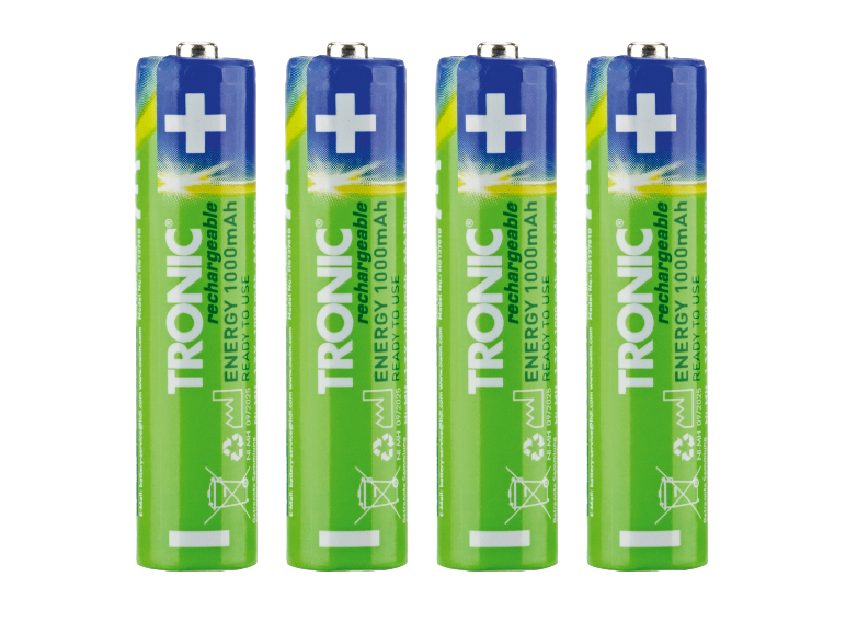 Četiri zelene punjive AA baterije od 1000 mAh s tekstom „ENERGY“ i „READY TO USE“.