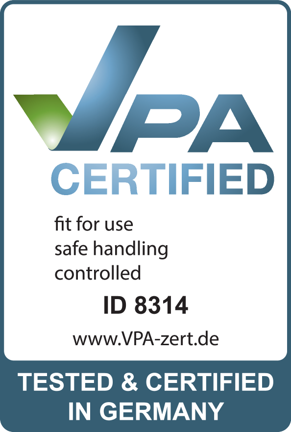 Certifikacijski pečat: VPA CERTIFIED, prikladno za upotrebu, sigurno rukovanje, kontrolirano, ID 8314, www.VPA-zert.de, TESTIRANO I CERTIFICIRANO U NJEMAČKOJ.
