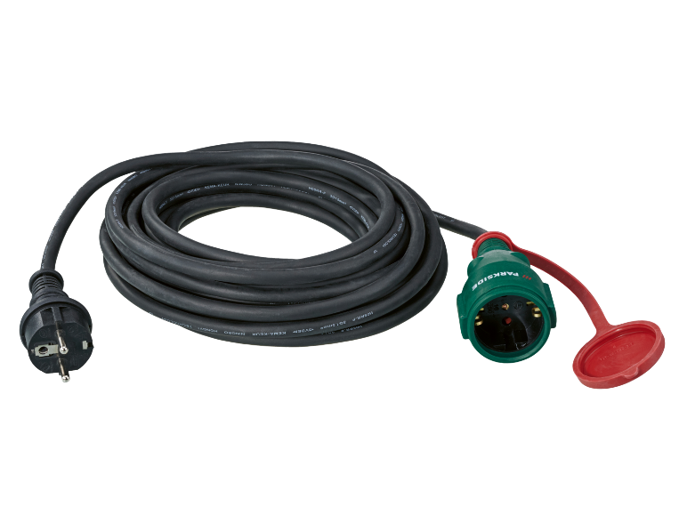 Crni produžni kabel s utikačem i utičnicom, utičnica s crvenim zaštitnim poklopcem.