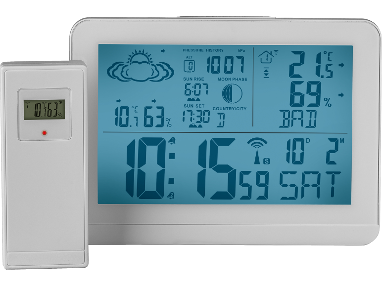 Digitalna meteorološka stanica s vanjskim senzorom, prikazuje temperaturu, vlažnost, vrijeme i prognozu.