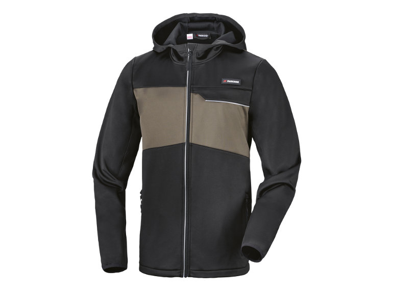 Crna i kaki softshell jakna s patentnim zatvaračem i kapuljačom.