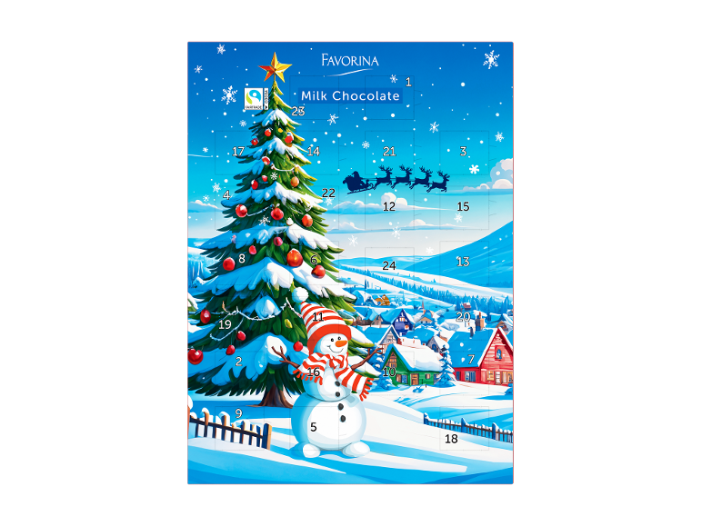 Božićni adventski kalendar sa snježnim selom, božićnim drvcem, snjegovićem i saonicama Djeda Božićnjaka.