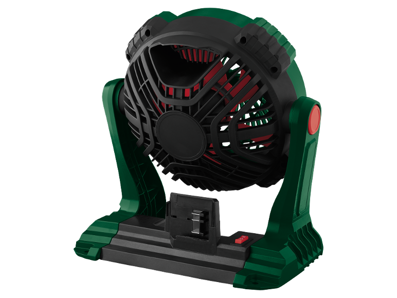 Zeleno-crni ventilator na baterije s crvenim lopaticama, s bazom i prekidačem.