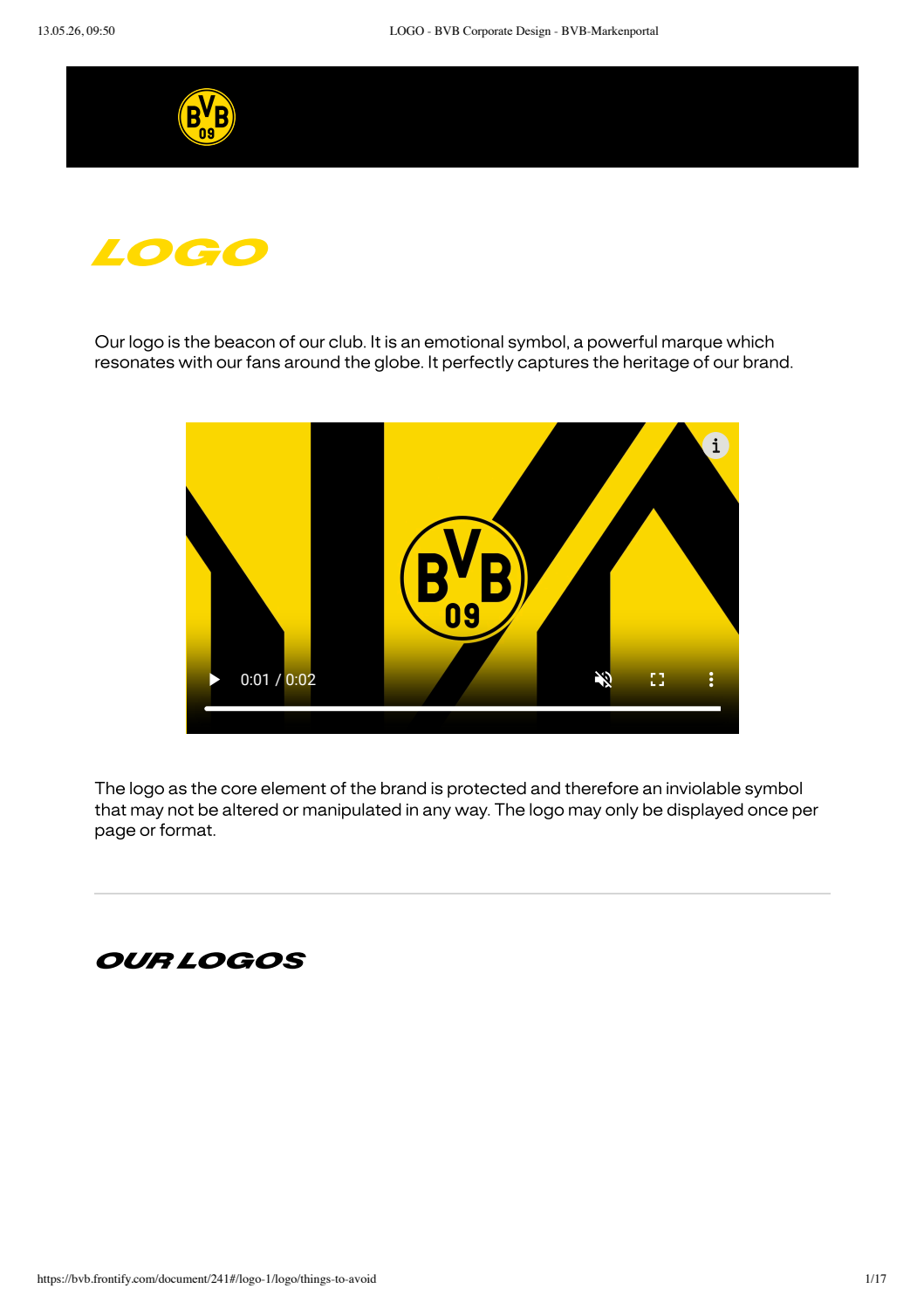 Logo BVB 09, s tekstom: 'Naš logo je svjetionik našeg kluba. To je emocionalni simbol, moćna marka koja odjekuje među našim navijačima diljem svijeta. Savršeno bilježi nasljeđe našeg brenda.'