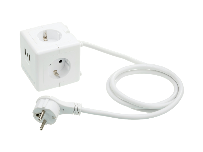 Bijela kockasta produžna letva s tri utičnice i dva USB priključka, s kabelom i utikačem.