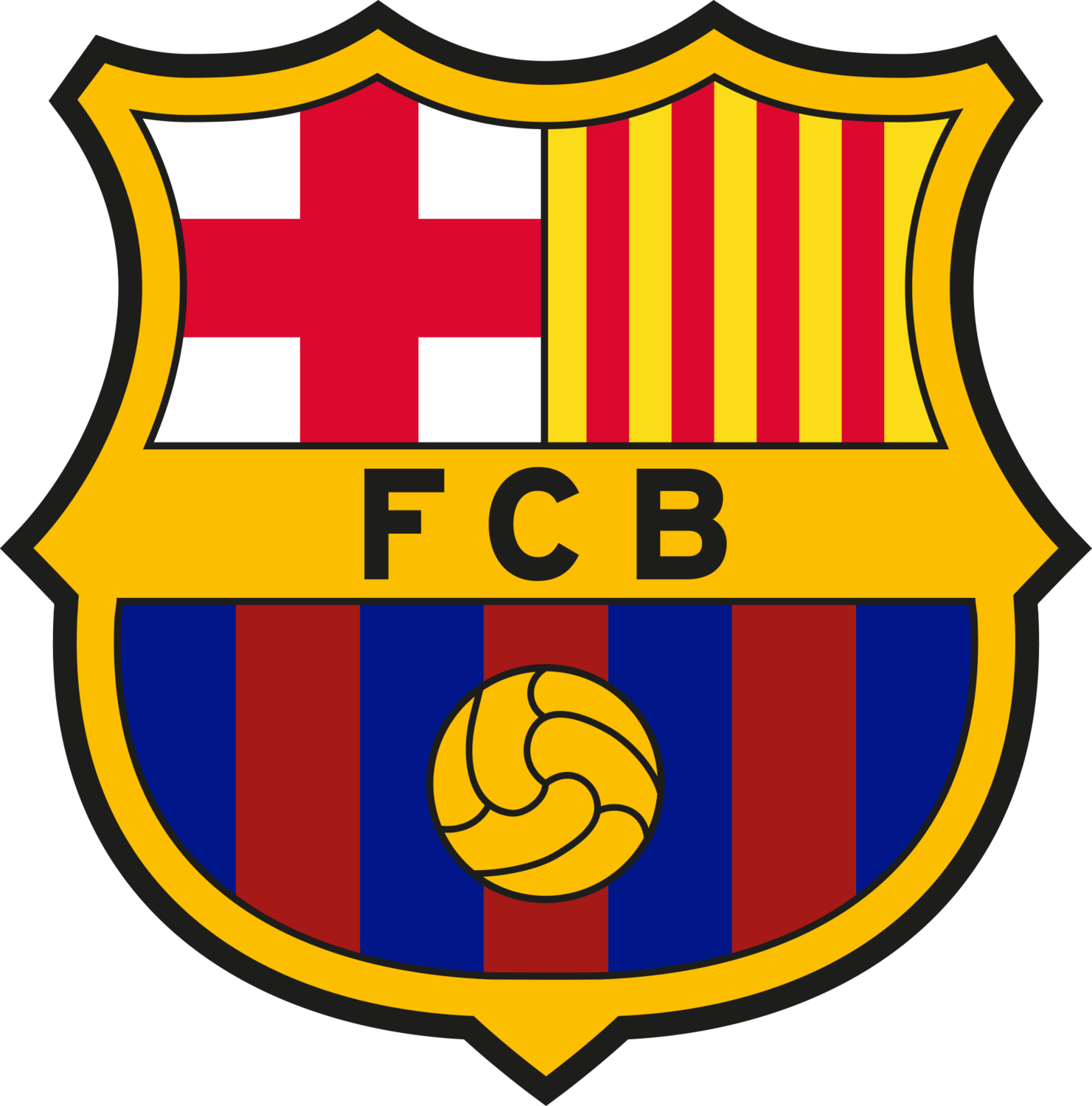Štit s crvenim križem, žutim i crvenim prugama, slovima FCB i nogometnom loptom.