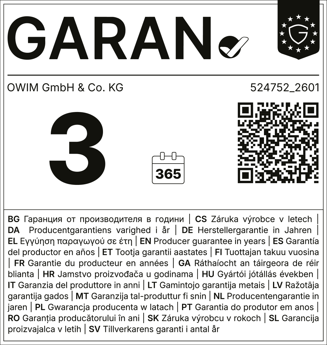 Jamstveni pečat: 3 godine, 365 dana, s QR kodom i brojem proizvoda 524752_2601.