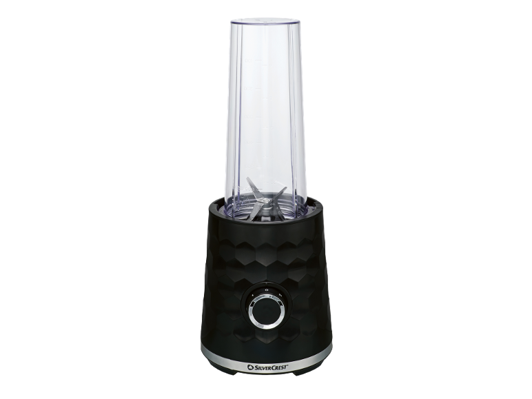 Crni osobni blender s prozirnom čašom i čeličnim oštricama.