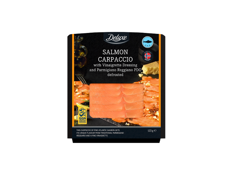 Carpaccio od lososa s vinaigrette umakom i Parmigiano Reggianom, s certifikatom uzgoja.