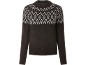 Smeđi džemper s bijelim i sivim Fair Isle uzorkom na jarmu.