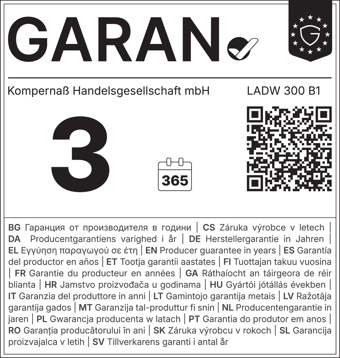 Jamstvo 3 godine, 365 dana, šifra proizvoda LADW 300 B1.