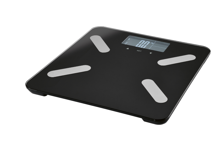 Crna pametna vaga s digitalnim zaslonom koji prikazuje „0.0 kg“