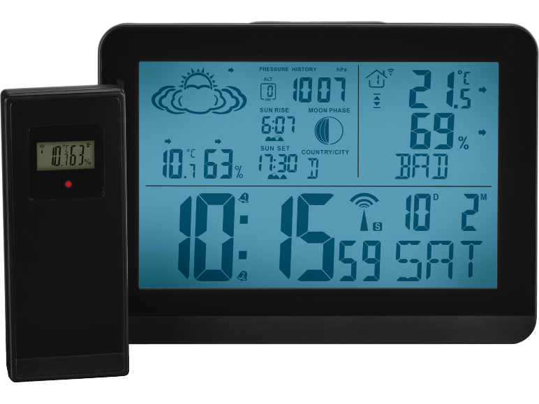 Digitalna meteorološka stanica s vanjskim senzorom koja prikazuje temperaturu, vlažnost, vrijeme i prognozu.