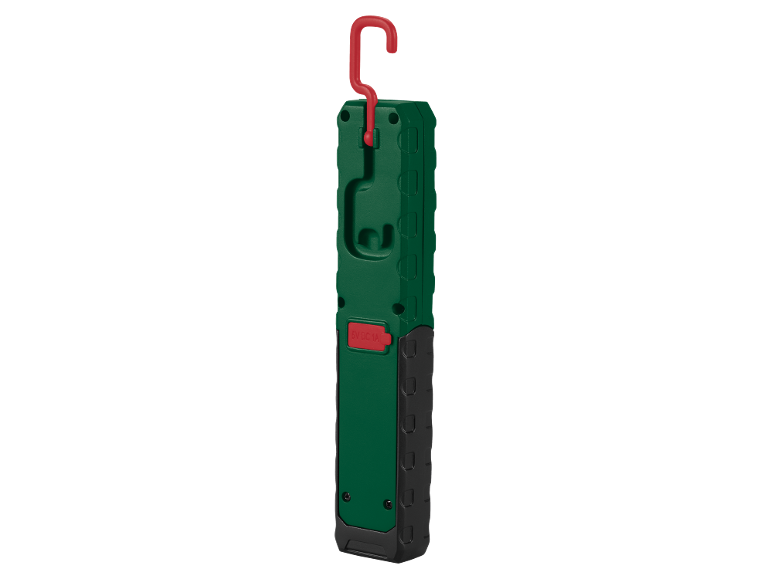 Zelena LED radna svjetiljka s crvenom kukom za vješanje i priključkom za punjenje 5V DC 1A.
