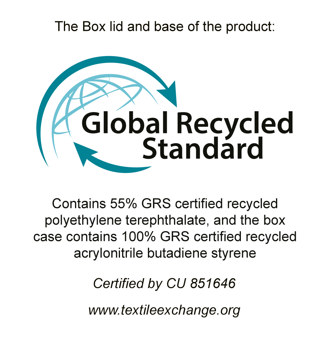 Oznaka Global Recycled Standard: 55% recikliranog PET-a, 100% recikliranog ABS-a. Certificirano CU 851646.