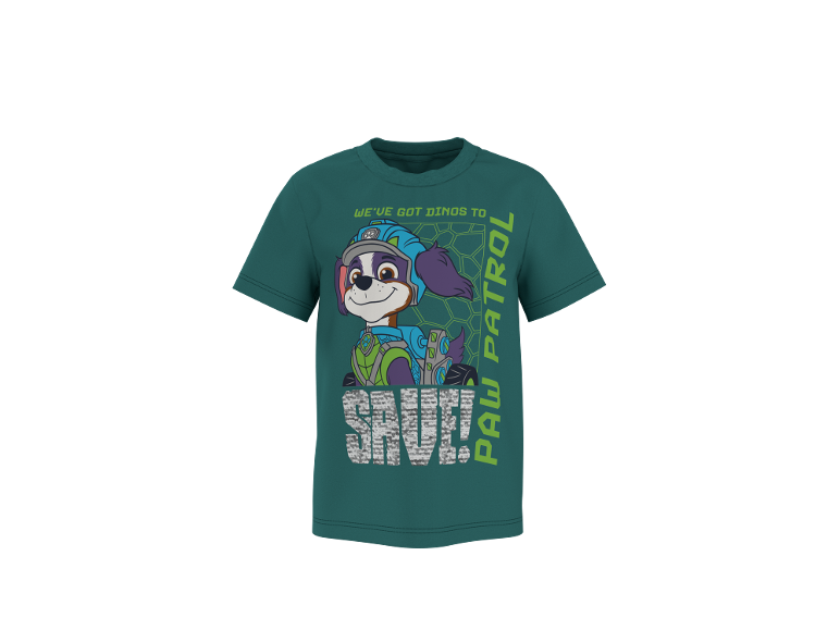 Zelena majica s crtanim psićem i tekstom 'WE'VE GOT DINOS TO SAVE!' i 'PAW PATROL'.