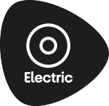 Crna značka s bijelim krugom i bijelim tekstom „Electric“.