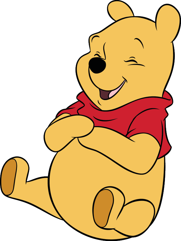 Winnie Pooh se smije, sjedi s rukama na trbuhu.