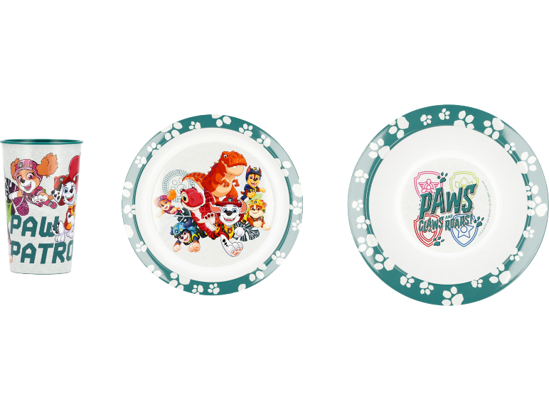 Dječja šalica i dva tanjura s motivima Paw Patrol i dinosaura, s tekstom „PAWS AND CLAWS ROARS!“