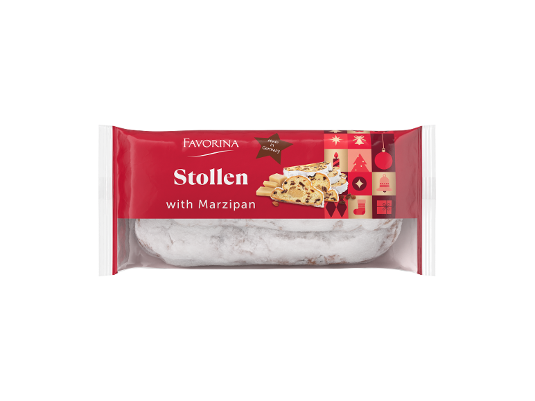 Stollen s marcipanom u svečanom crvenom pakiranju, s božićnim ilustracijama.