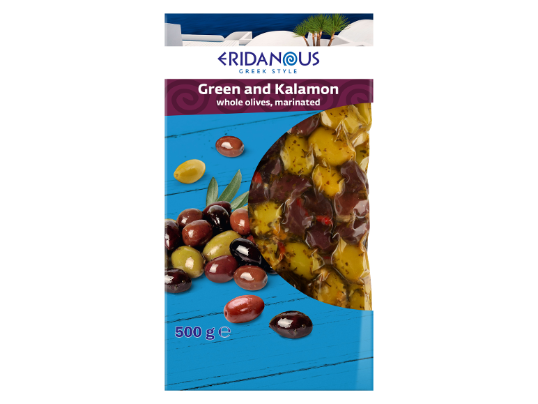 Marinirane zelene i Kalamon masline, 500g, na plavoj pozadini s grčkom temom.