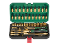Set alata s čegrtaljkom, bitovima i nasadnim ključevima u zelenoj kutiji.