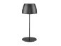 Tamnosiva, moderna, minimalistička stolna lampa sa sjenilom u obliku kupole i okruglim postoljem.