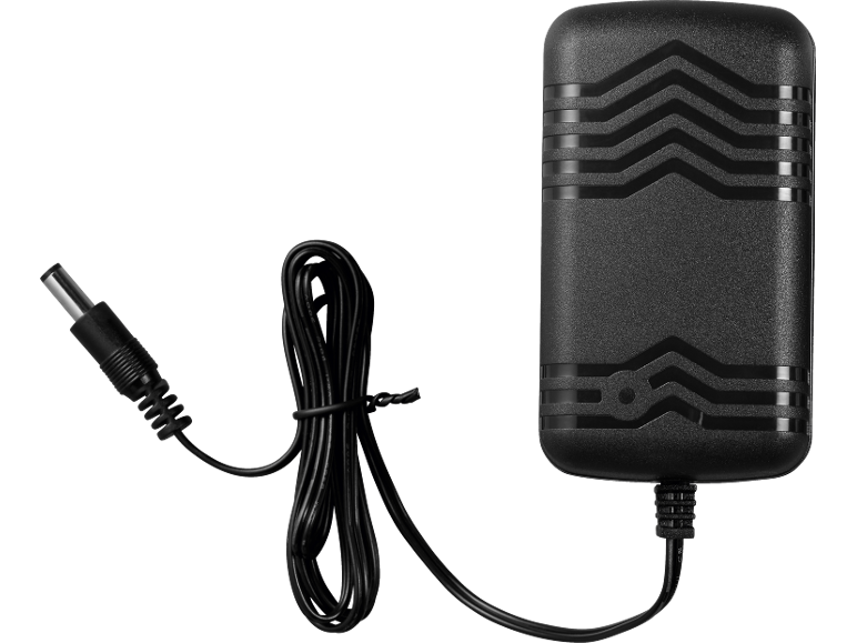 Crni adapter za napajanje s DC utikačem i namotanim kabelom.